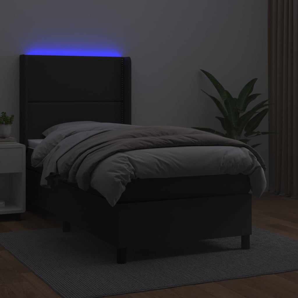 fekete műbőr rugós ágy matraccal és LED-del 90x190 cm