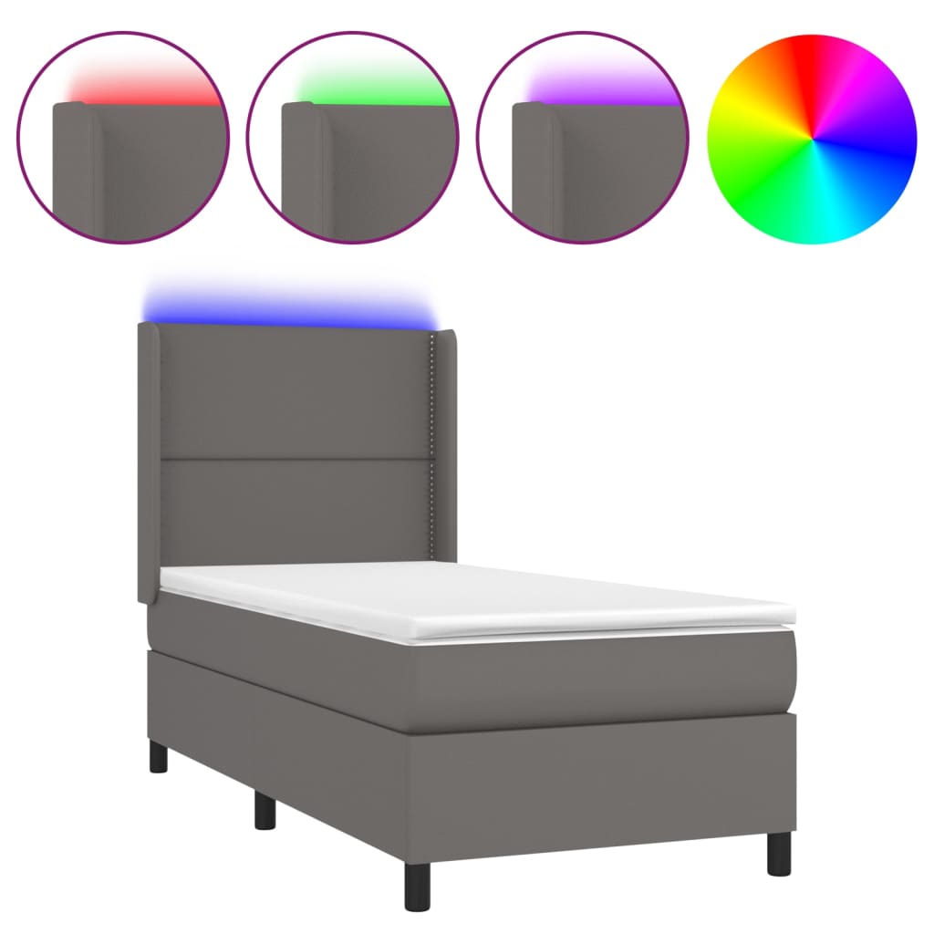 szürke műbőr rugós ágy matraccal és LED-del 90x190 cm