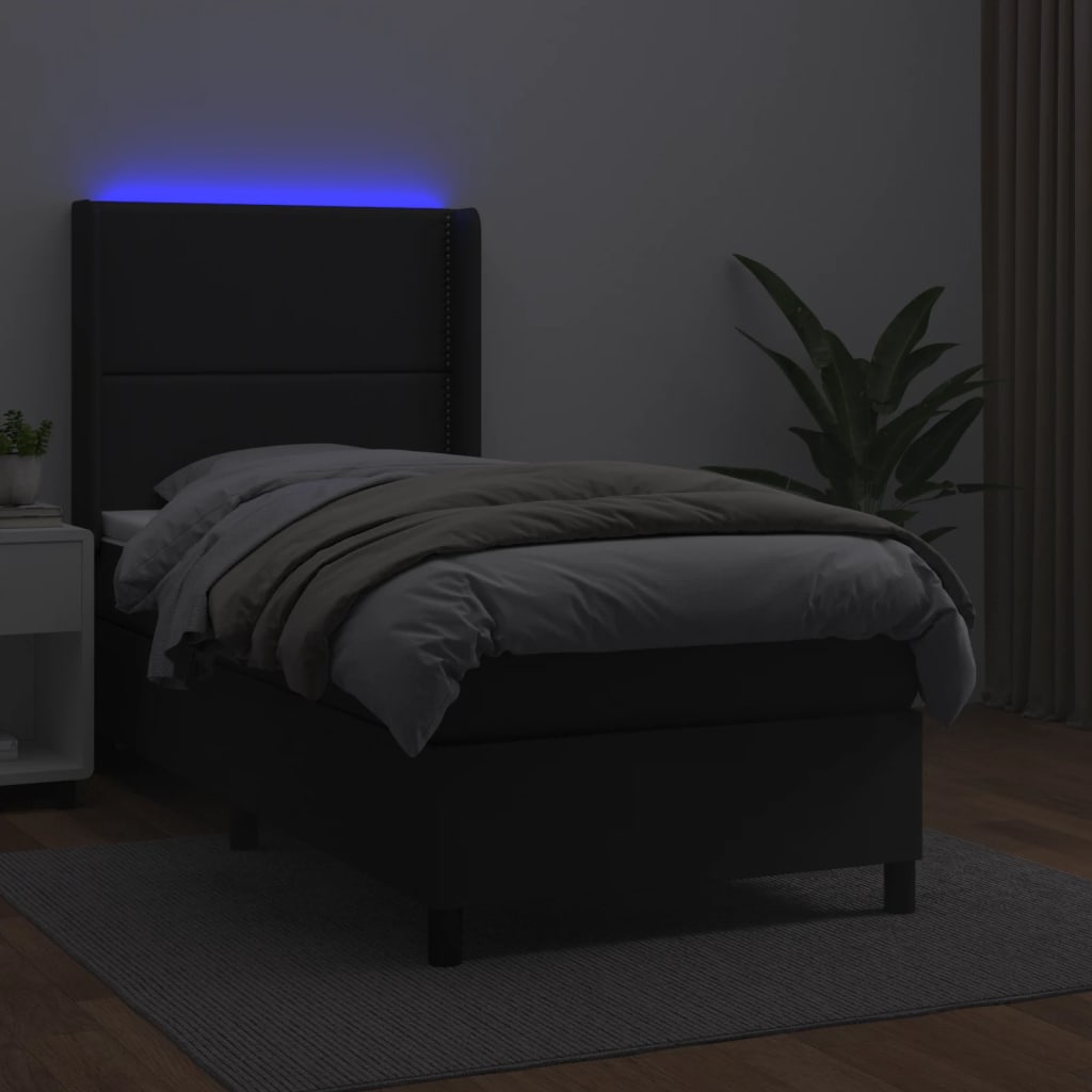 fekete műbőr rugós ágy matraccal és LED-del 90x200 cm