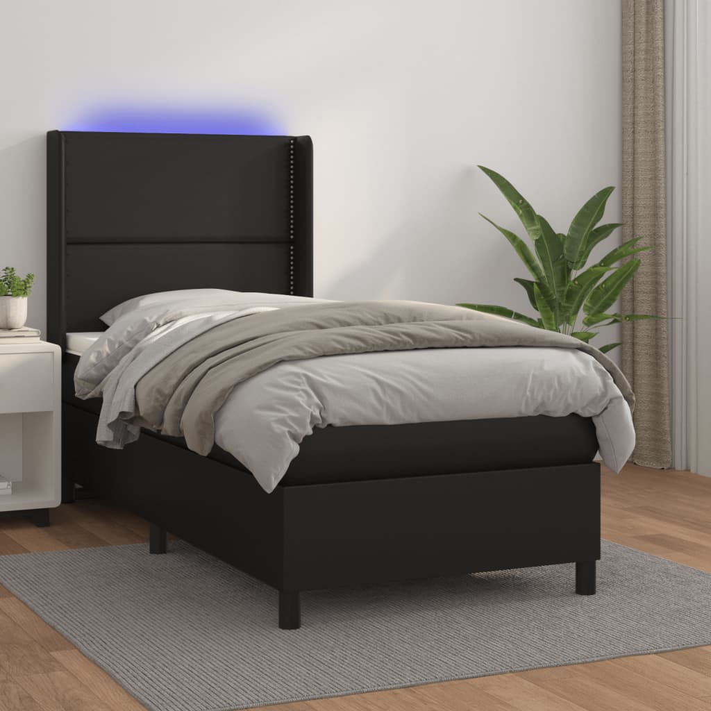 fekete műbőr rugós ágy matraccal és LED-del 90x200 cm