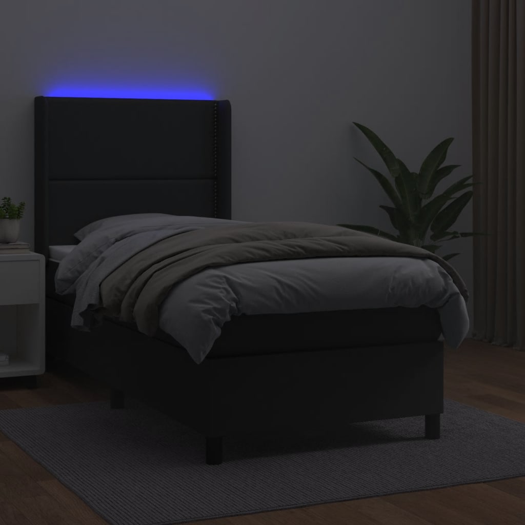 fekete műbőr rugós ágy matraccal és LED-del 100x200 cm