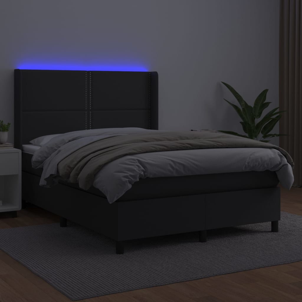 fekete műbőr rugós ágy matraccal és LED-del 140 x 190 cm
