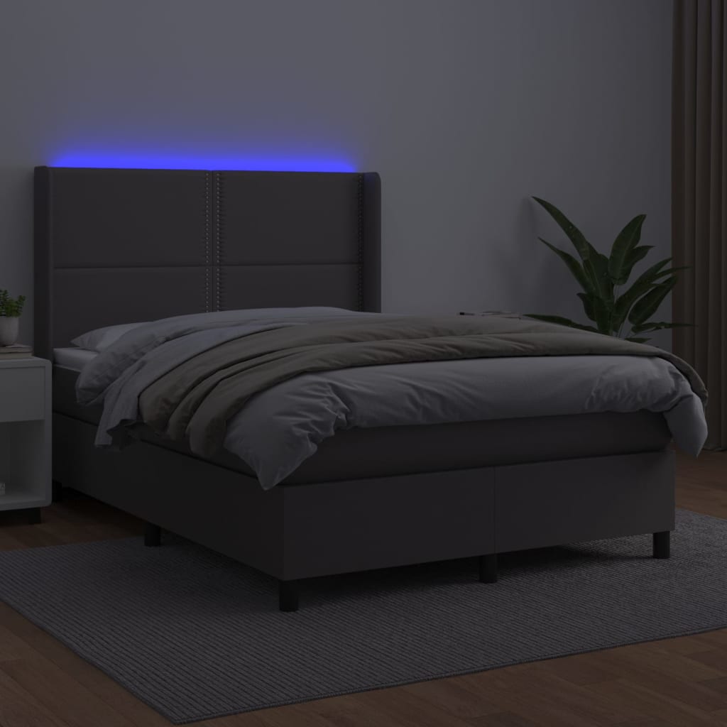 szürke műbőr rugós ágy matraccal és LED-del 140x190 cm