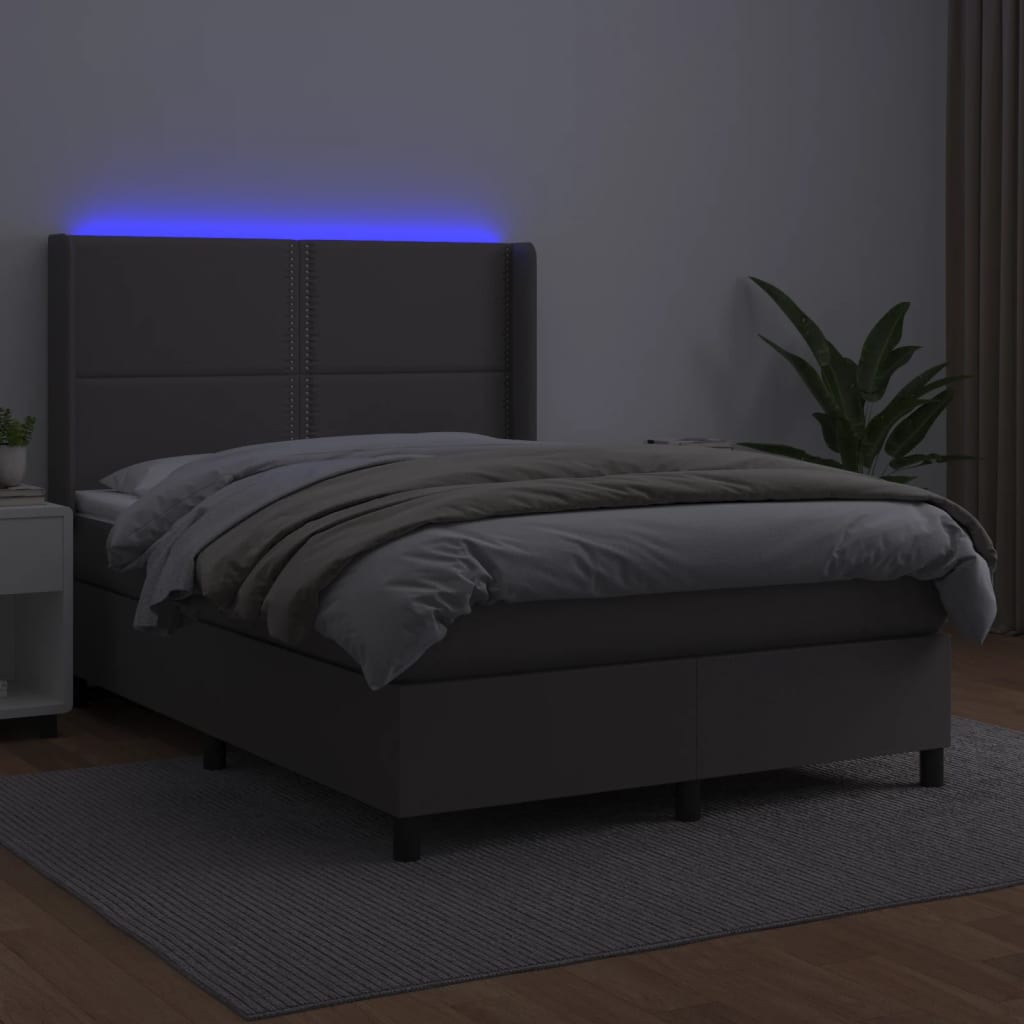 szürke műbőr rugós ágy matraccal és LED-del 140x200 cm