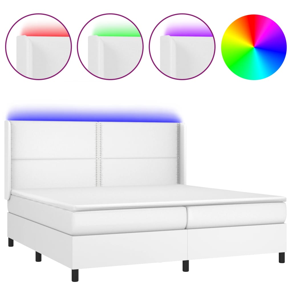 fehér műbőr rugós ágy matraccal és LED-del 200x200 cm