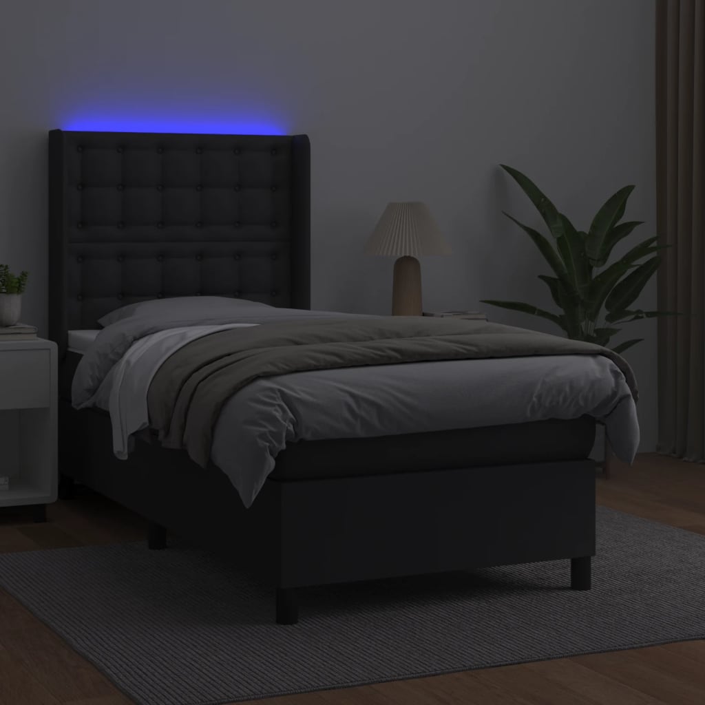 fekete műbőr rugós ágy matraccal és LED-del 80 x 200 cm