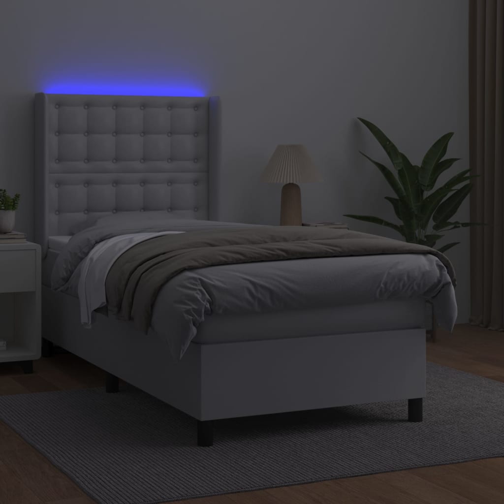 fehér műbőr rugós ágy matraccal és LED-del 80 x 200 cm