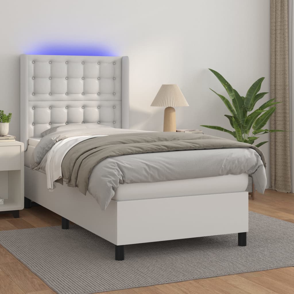 fehér műbőr rugós ágy matraccal és LED-del 80 x 200 cm