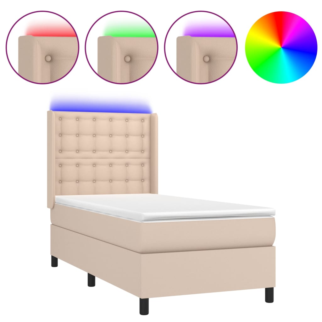cappuccino színű műbőr rugós ágy matraccal és LED-del 80x200 cm