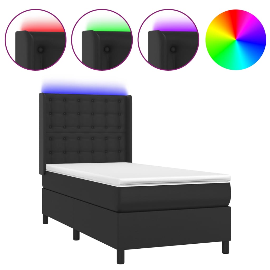 fekete műbőr rugós ágy matraccal és LED-del 90x190 cm