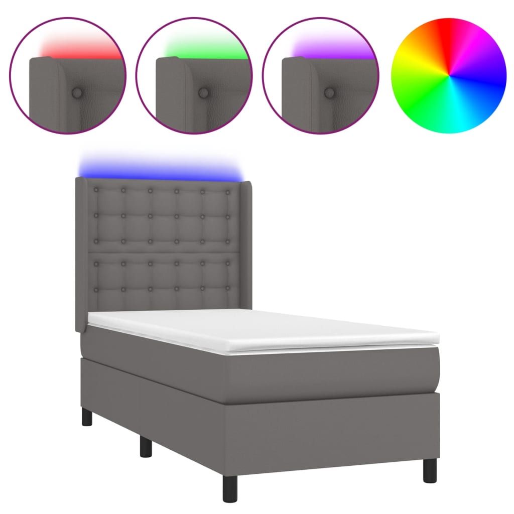 szürke műbőr rugós ágy matraccal és LED-del 90x190 cm