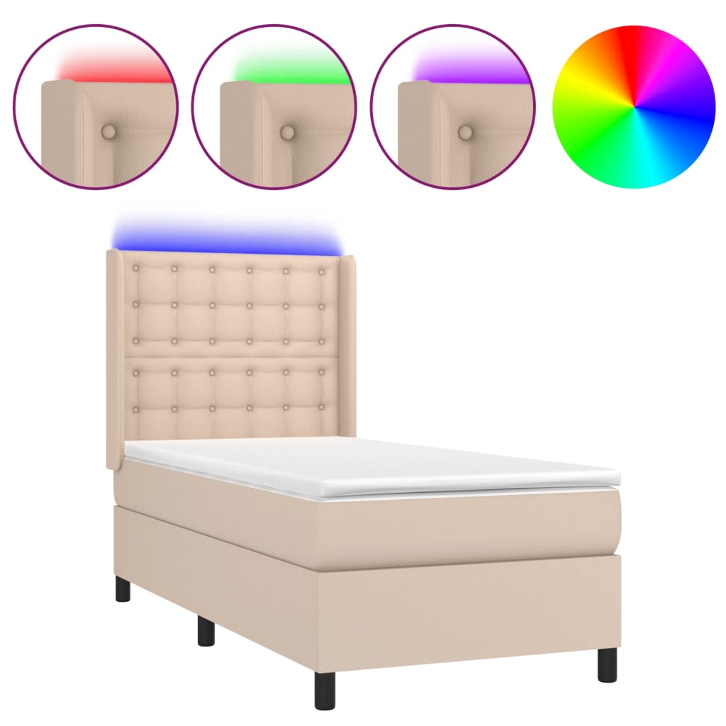 cappuccino színű műbőr rugós ágy matraccal és LED-del 90x190 cm