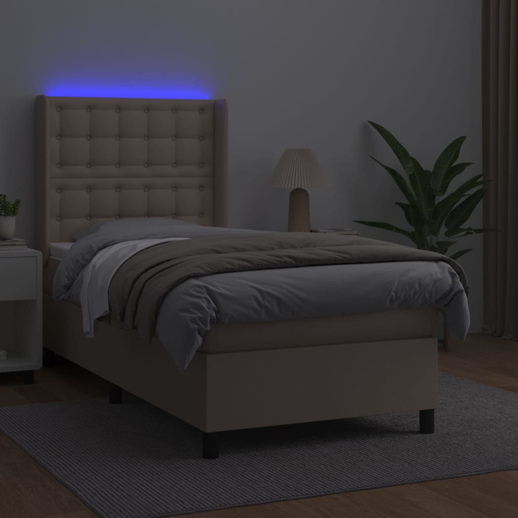 cappuccino színű műbőr rugós ágy matraccal és LED-del 90x190 cm