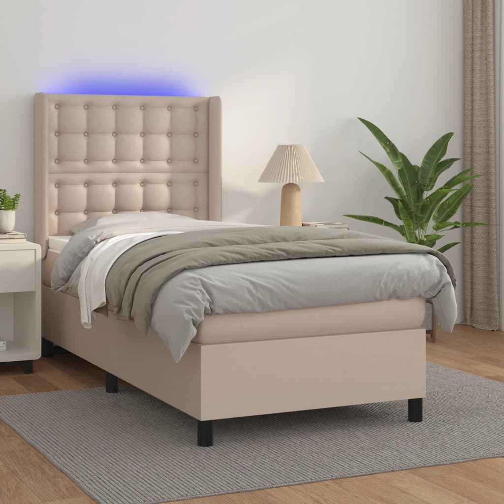cappuccino színű műbőr rugós ágy matraccal és LED-del 90x190 cm