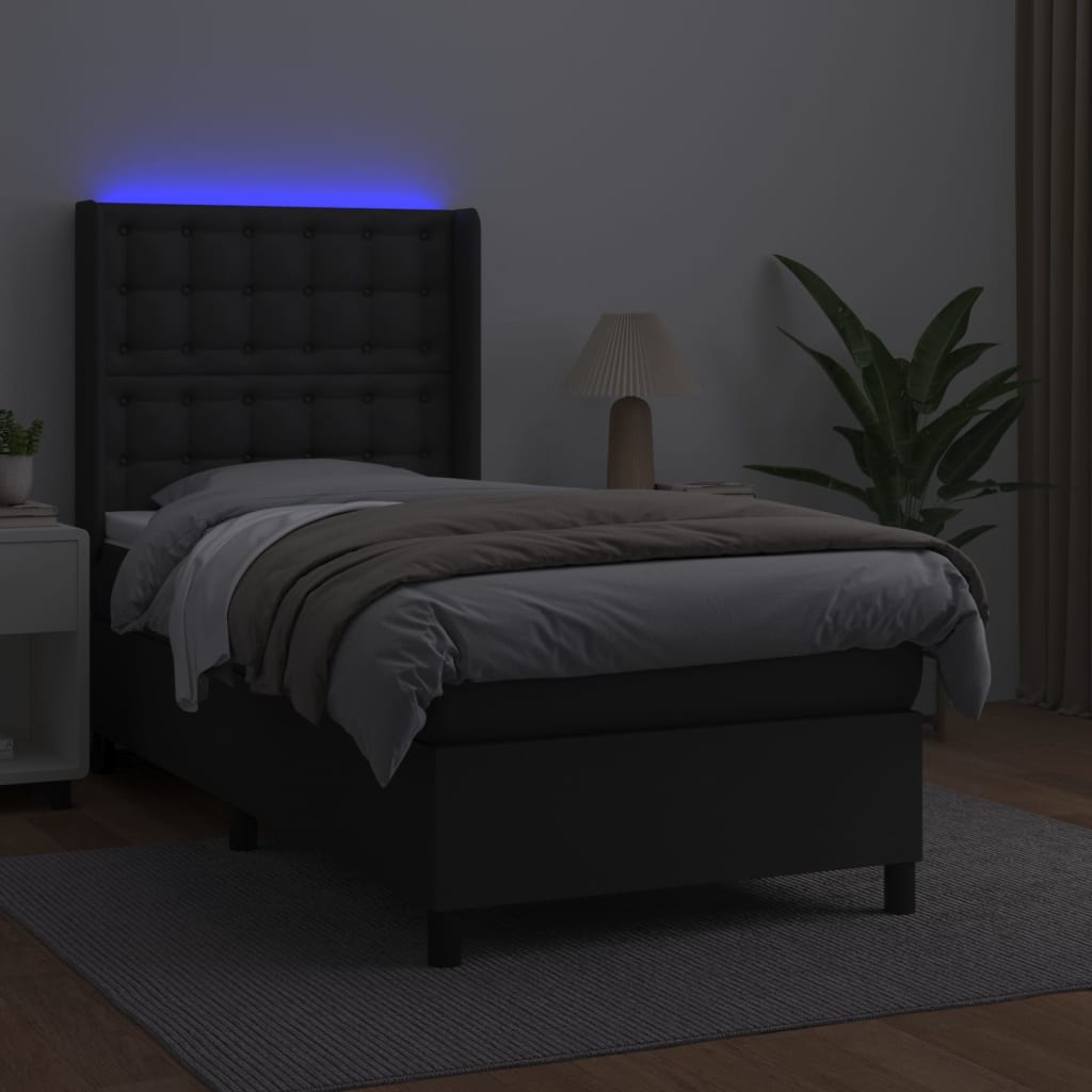 fekete műbőr rugós ágy matraccal és LED-del 90x200 cm