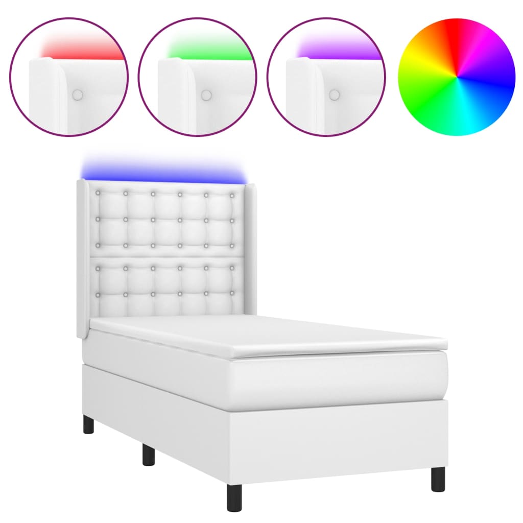 fehér műbőr rugós ágy matraccal és LED-del 90x200 cm