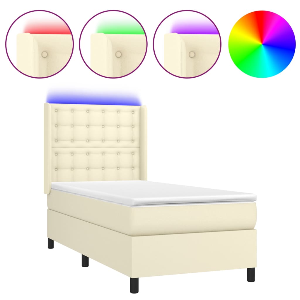 krémszínű műbőr rugós ágy matraccal és LED-del 90x200 cm