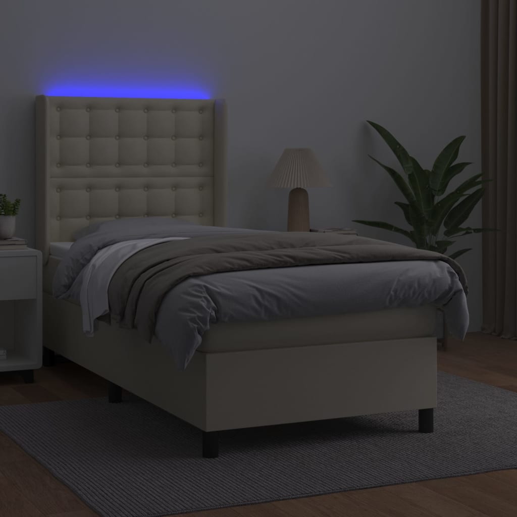krémszínű műbőr rugós ágy matraccal és LED-del 90x200 cm