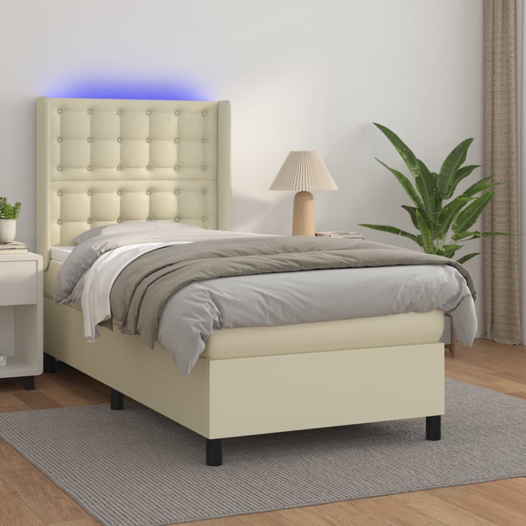 krémszínű műbőr rugós ágy matraccal és LED-del 90x200 cm
