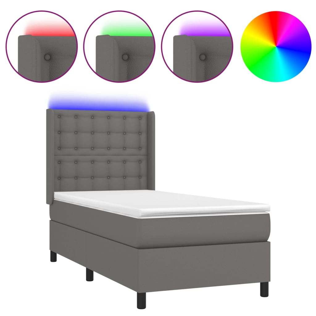 szürke műbőr rugós ágy matraccal és LED-del 90x200 cm