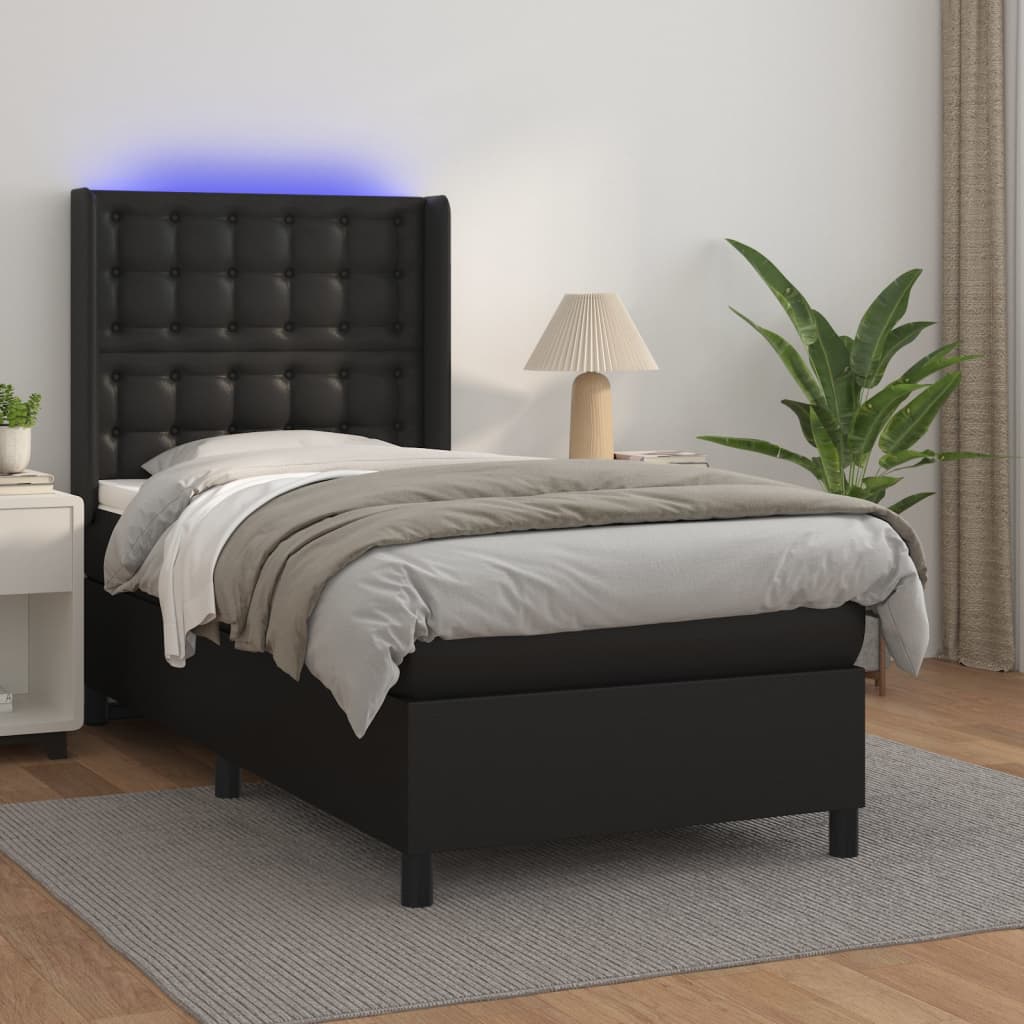 fekete műbőr rugós ágy matraccal és LED-del 100x200 cm