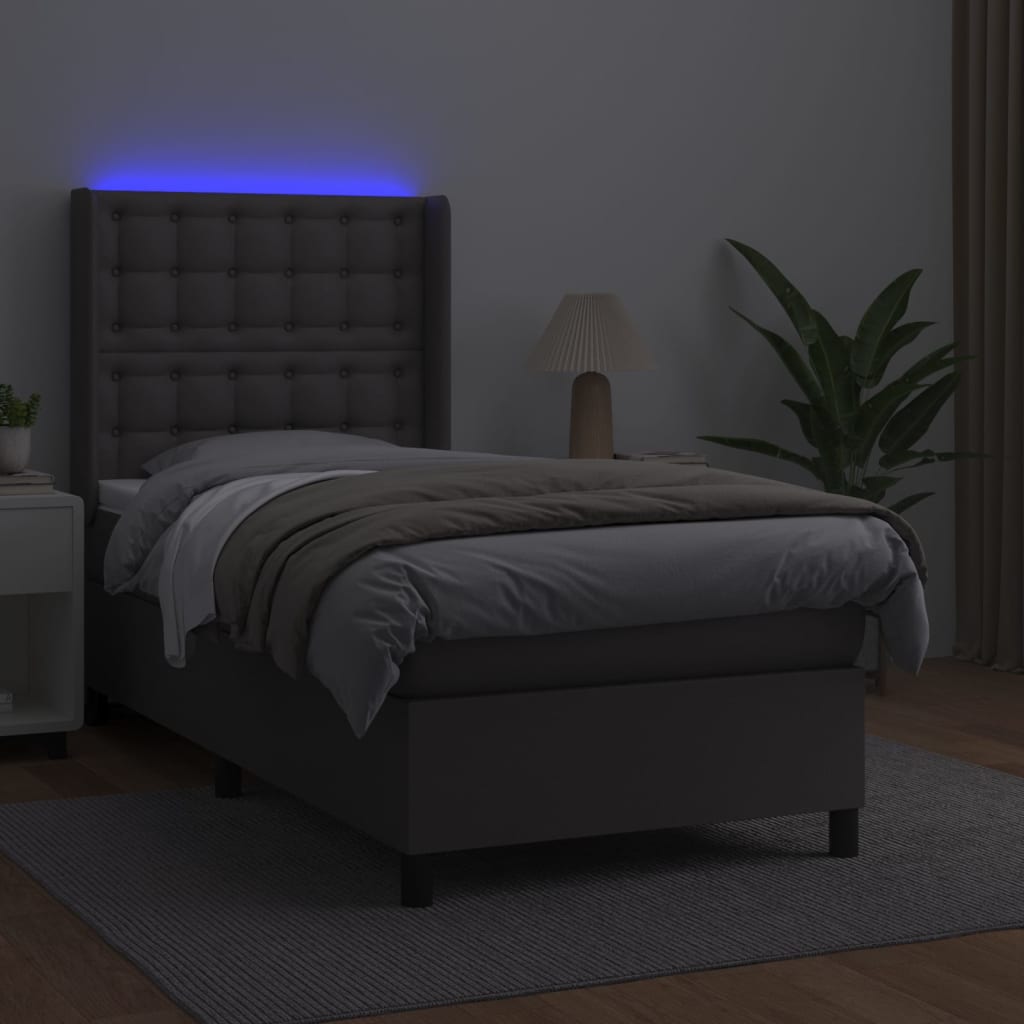szürke műbőr rugós ágy matraccal és LED-del 100x200 cm