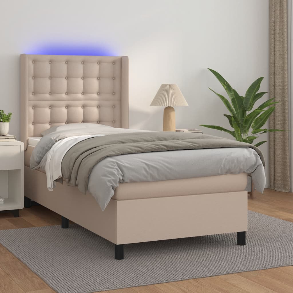 cappuccino színű műbőr rugós ágy matraccal és LED-del 100x200cm