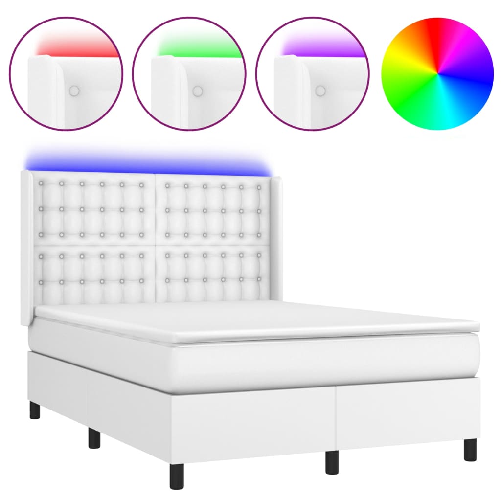 fehér műbőr rugós ágy matraccal és LED-del 140x190 cm