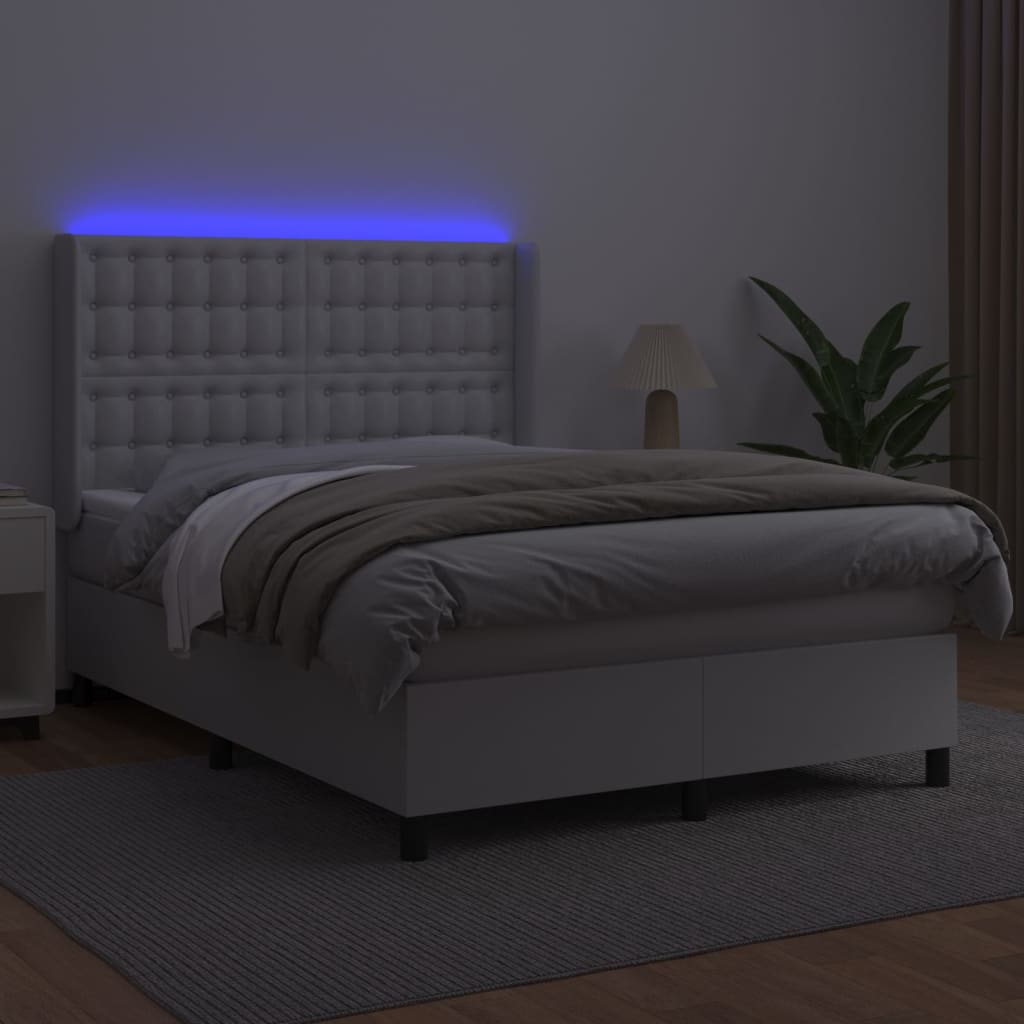 fehér műbőr rugós ágy matraccal és LED-del 140x190 cm