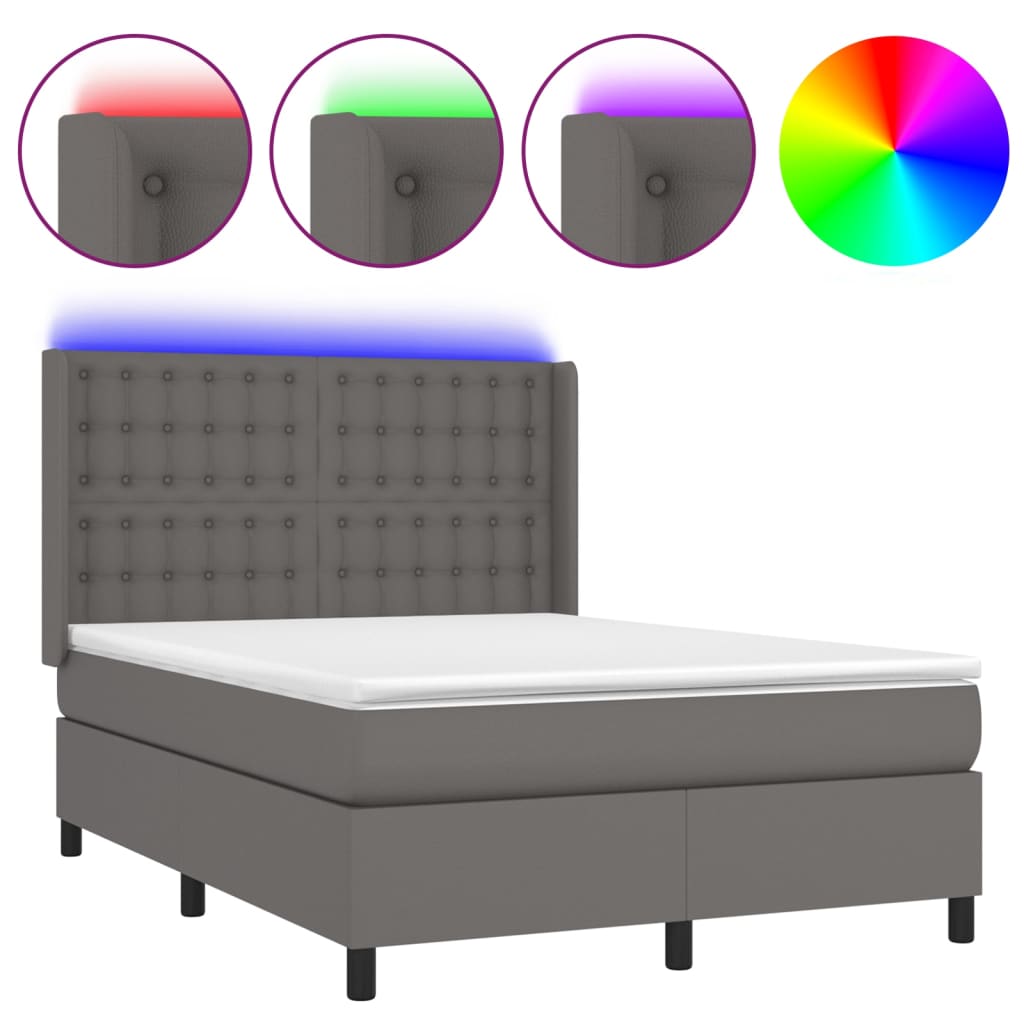szürke műbőr rugós ágy matraccal és LED-del 140x190 cm