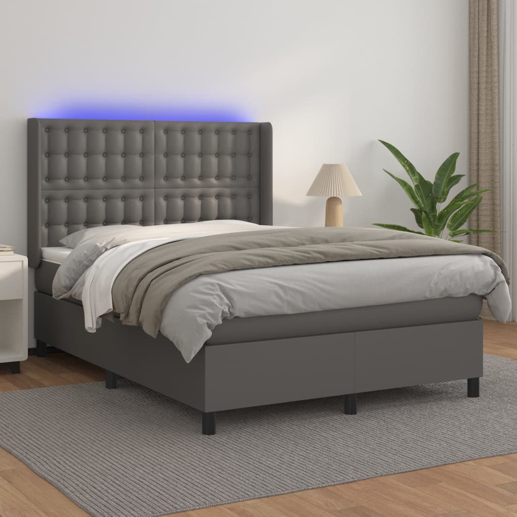 szürke műbőr rugós ágy matraccal és LED-del 140x190 cm