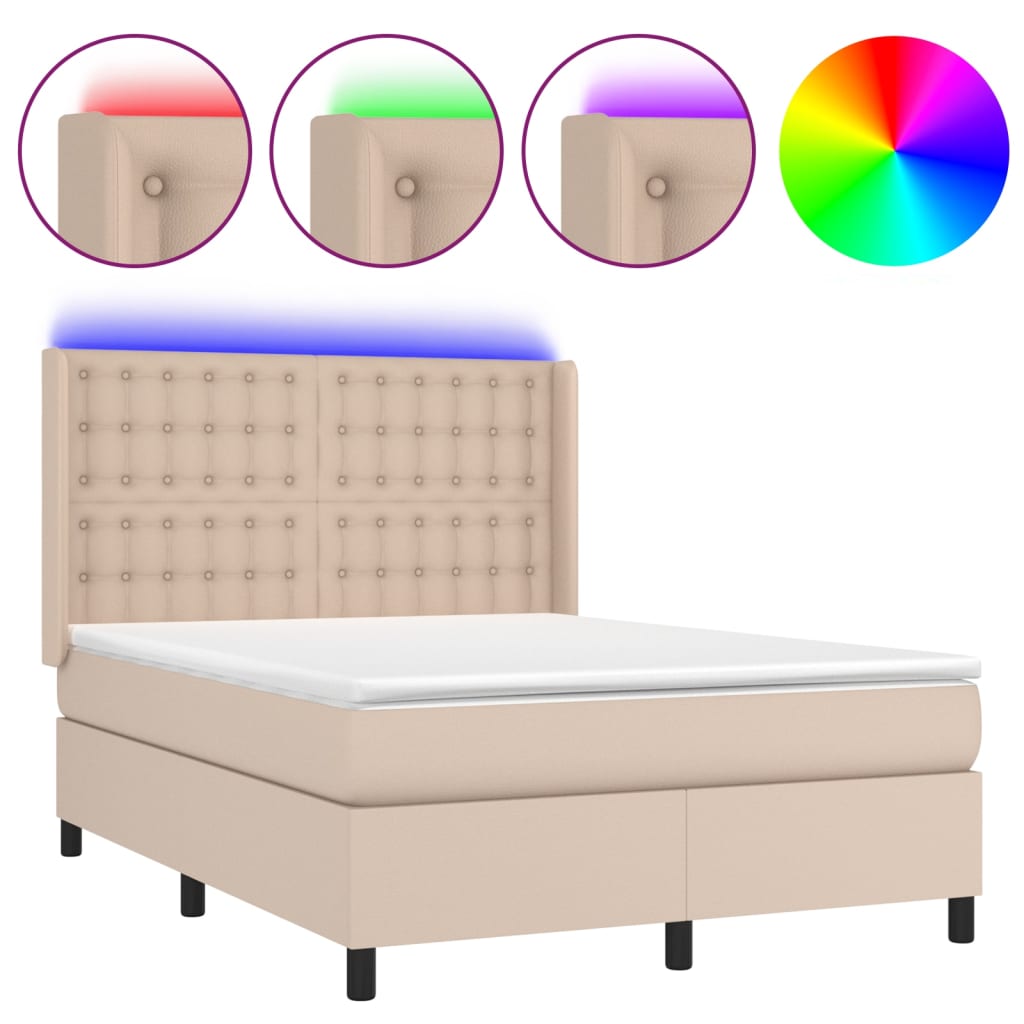 cappuccino színű műbőr rugós ágy matraccal és LED-del 140x190cm