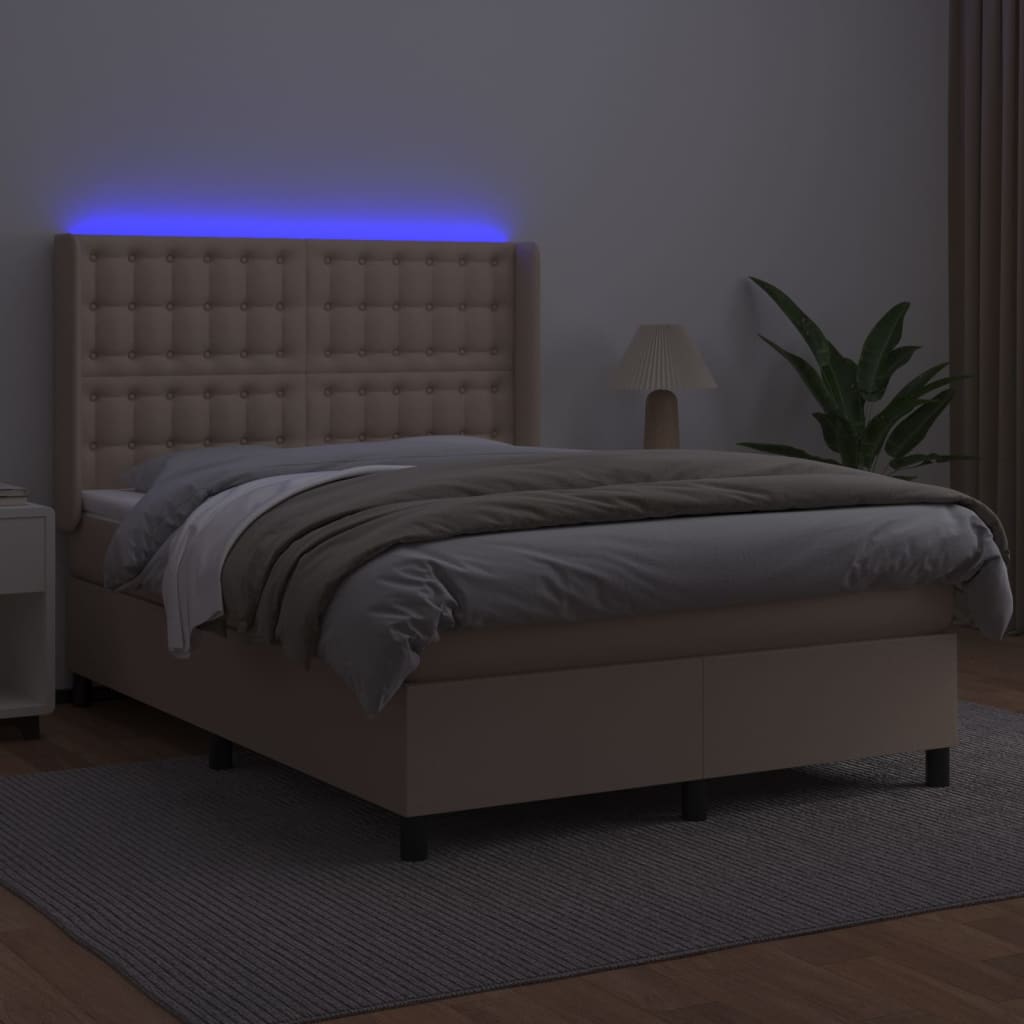 cappuccino színű műbőr rugós ágy matraccal és LED-del 140x190cm