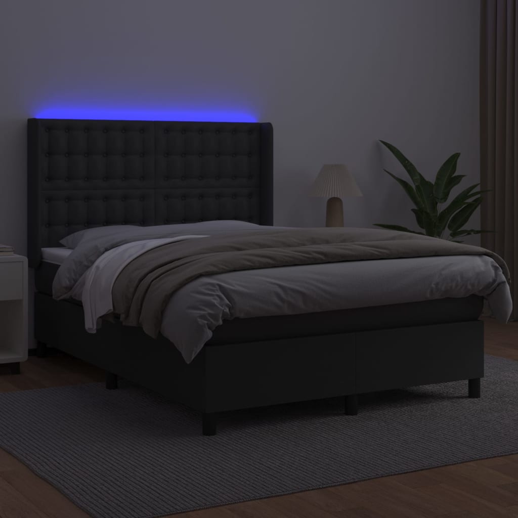 fekete műbőr rugós ágy matraccal és LED-del 140x200 cm