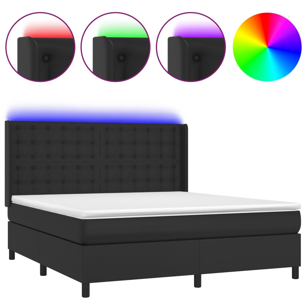 fekete műbőr rugós ágy matraccal és LED-del 160x200 cm