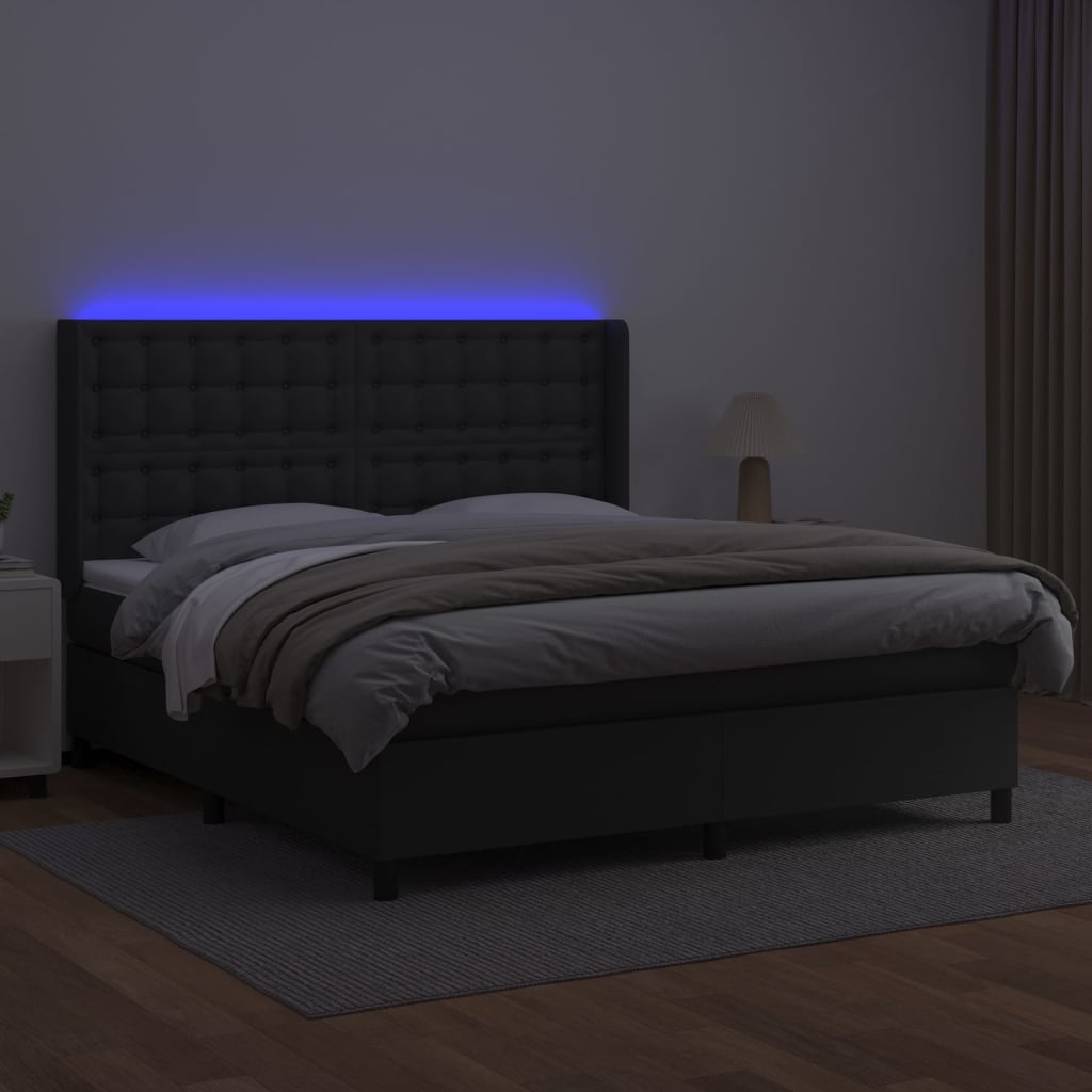 fekete műbőr rugós ágy matraccal és LED-del 160x200 cm