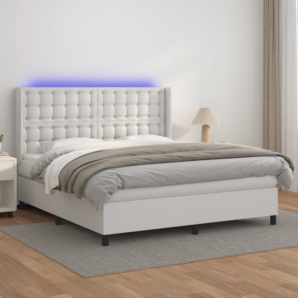 fehér műbőr rugós ágy matraccal és LED-del 160x200 cm