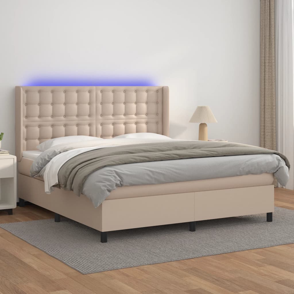 cappuccino színű műbőr rugós ágy matraccal és LED-del 160x200cm