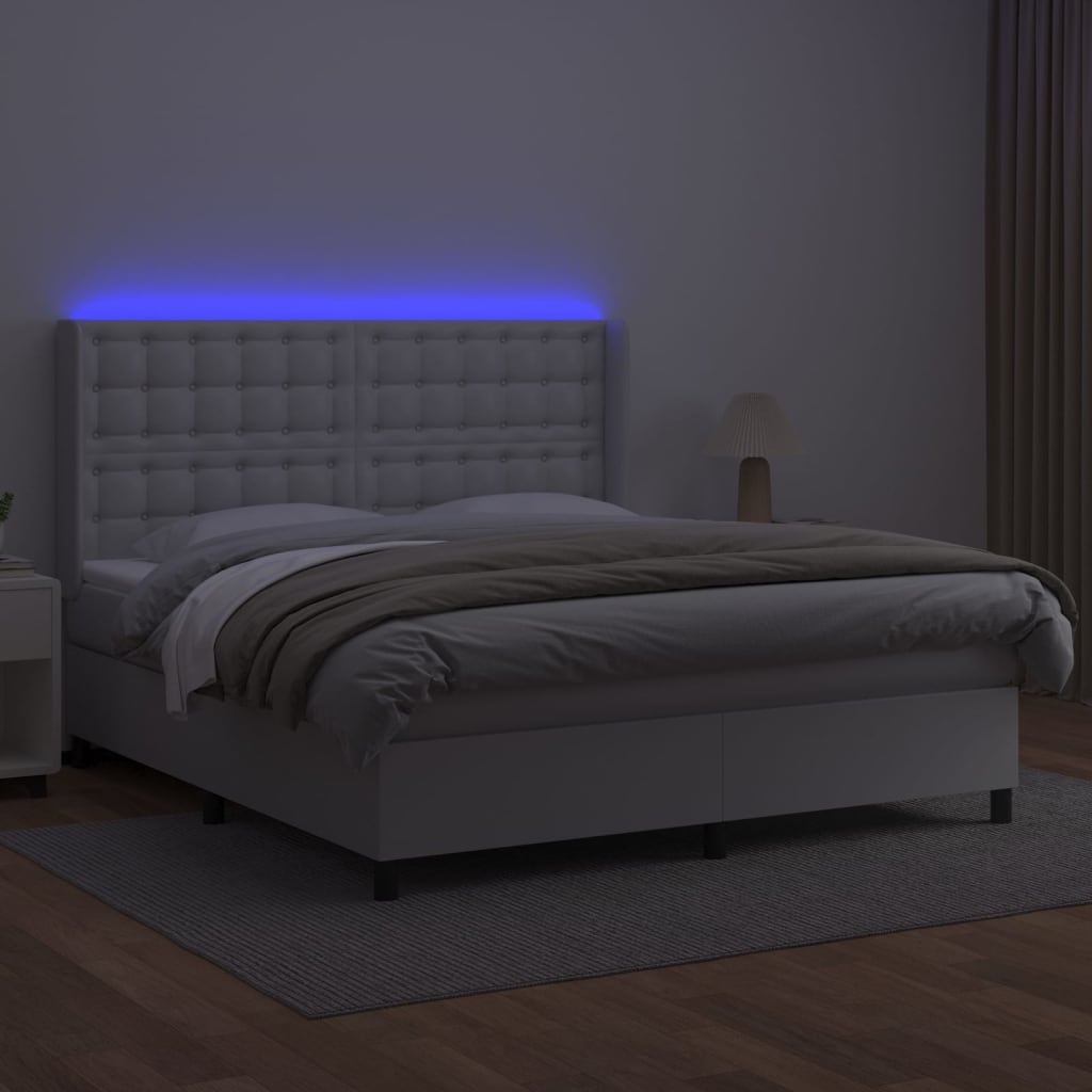 fehér műbőr rugós ágy matraccal és LED-del 180x200 cm