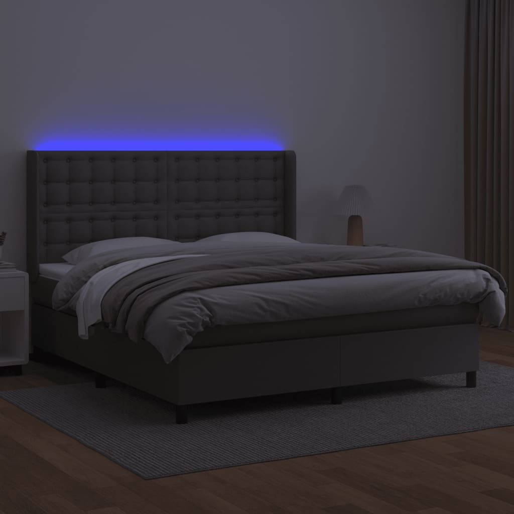 szürke műbőr rugós ágy matraccal és LED-del 180x200 cm