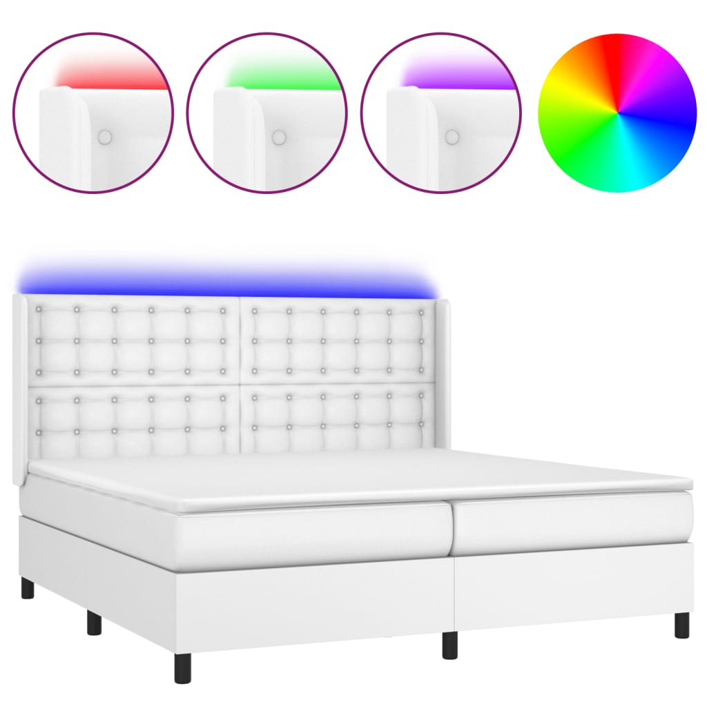 fehér műbőr rugós ágy matraccal és LED-del 200x200 cm