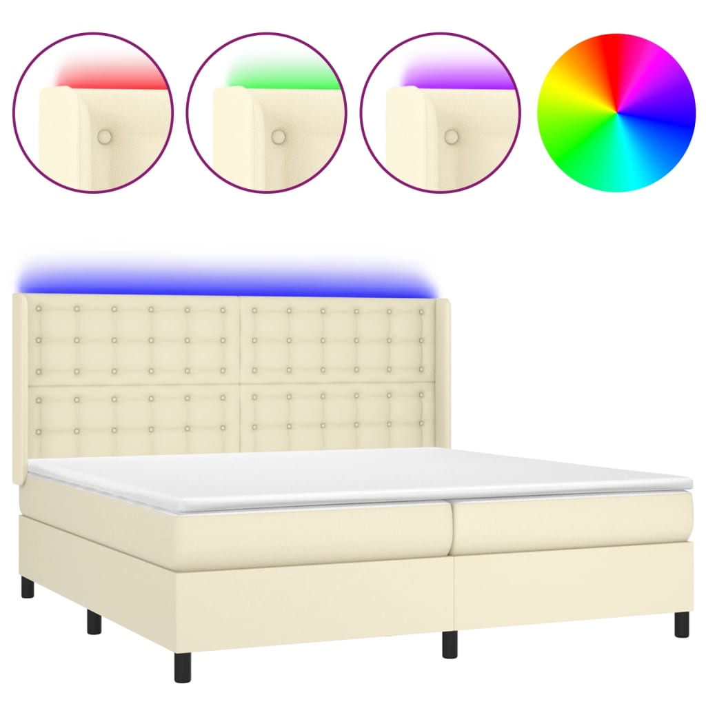 krémszínű műbőr rugós ágy matraccal és LED-del 200x200 cm