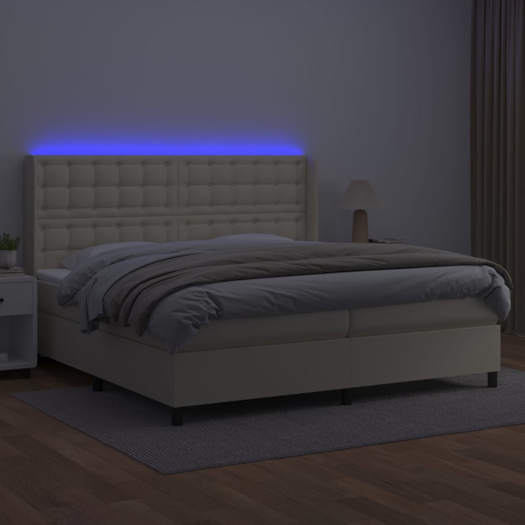 krémszínű műbőr rugós ágy matraccal és LED-del 200x200 cm
