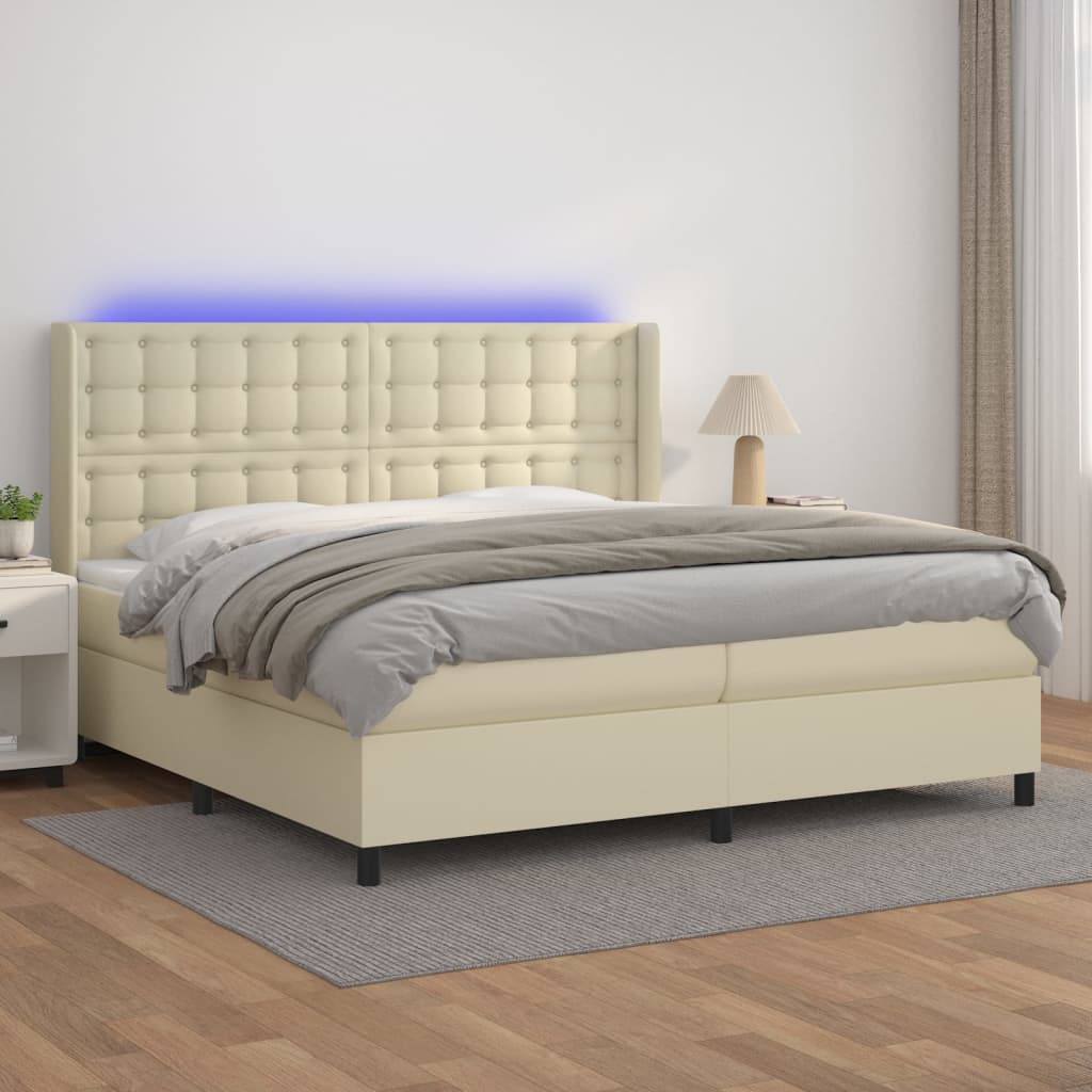 krémszínű műbőr rugós ágy matraccal és LED-del 200x200 cm