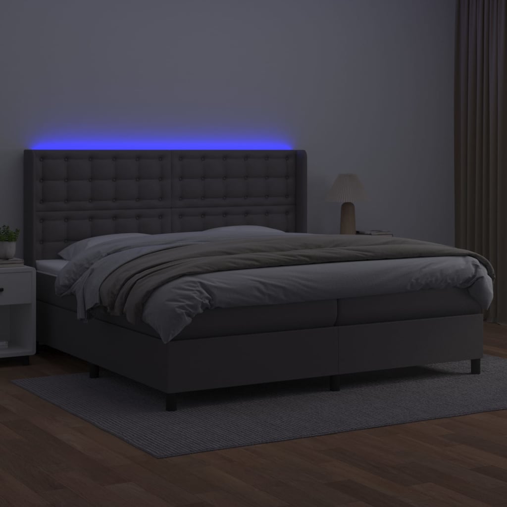 szürke műbőr rugós ágy matraccal és LED-del 200x200 cm