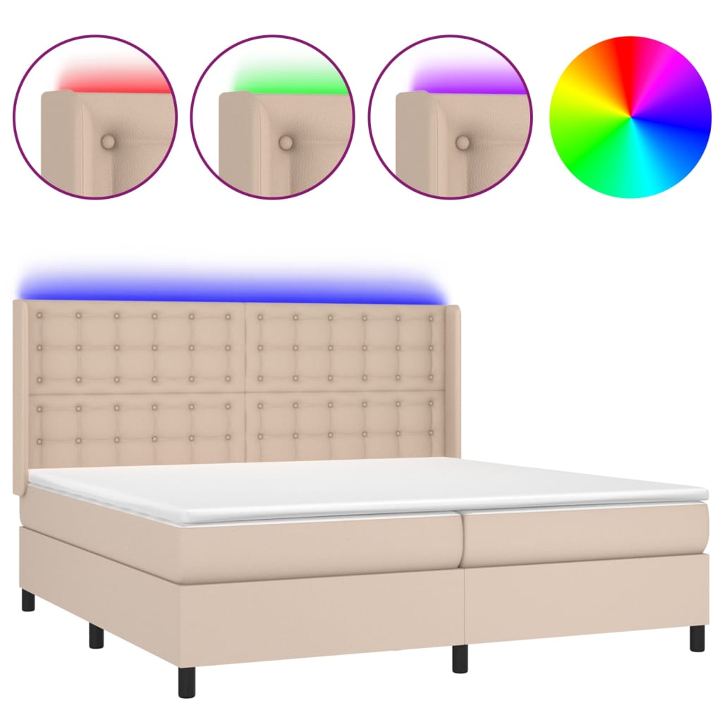 cappuccino színű műbőr rugós ágy matraccal és LED-del 200x200cm