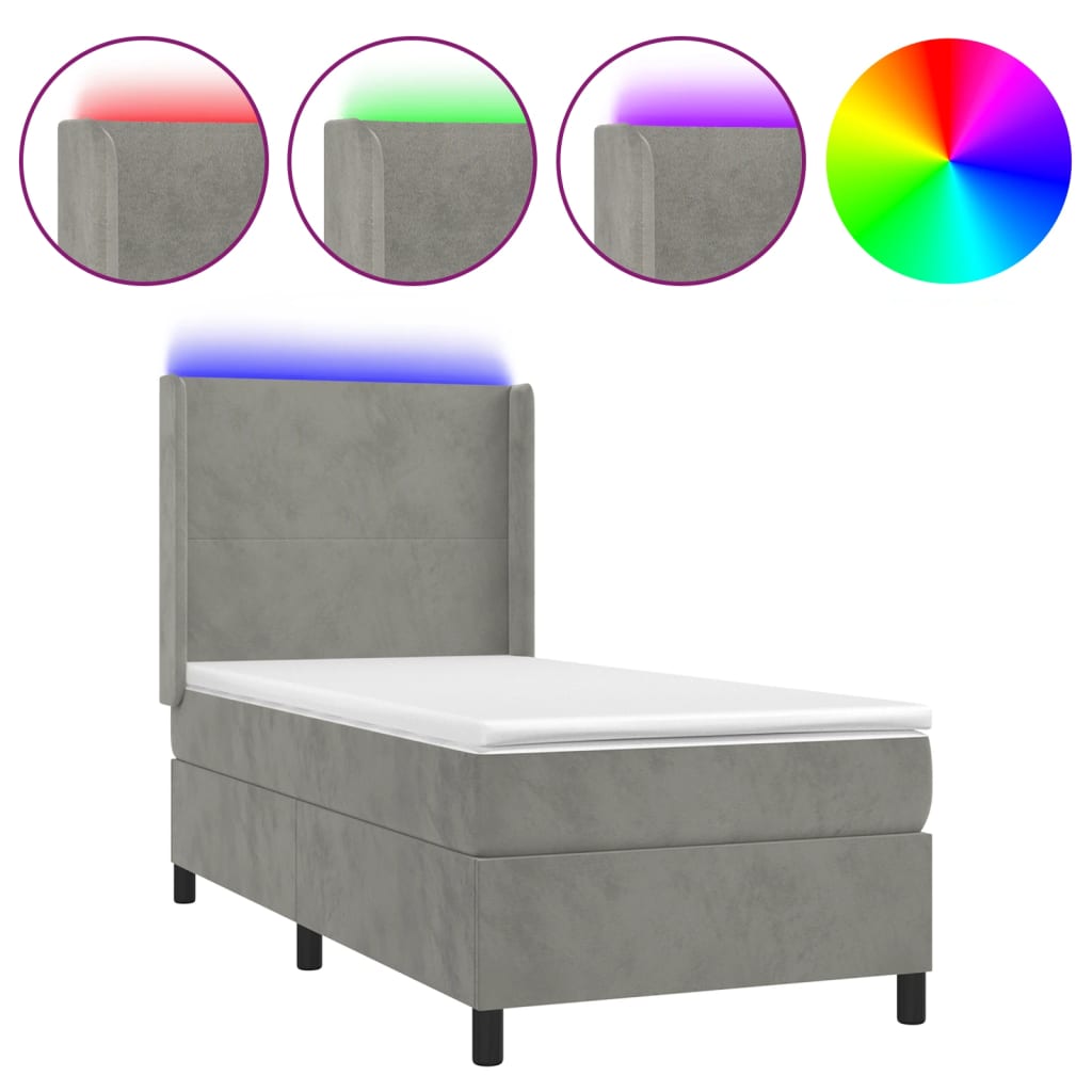 világosszürke bársony rugós és LED-es ágy matraccal 80 x 200 cm