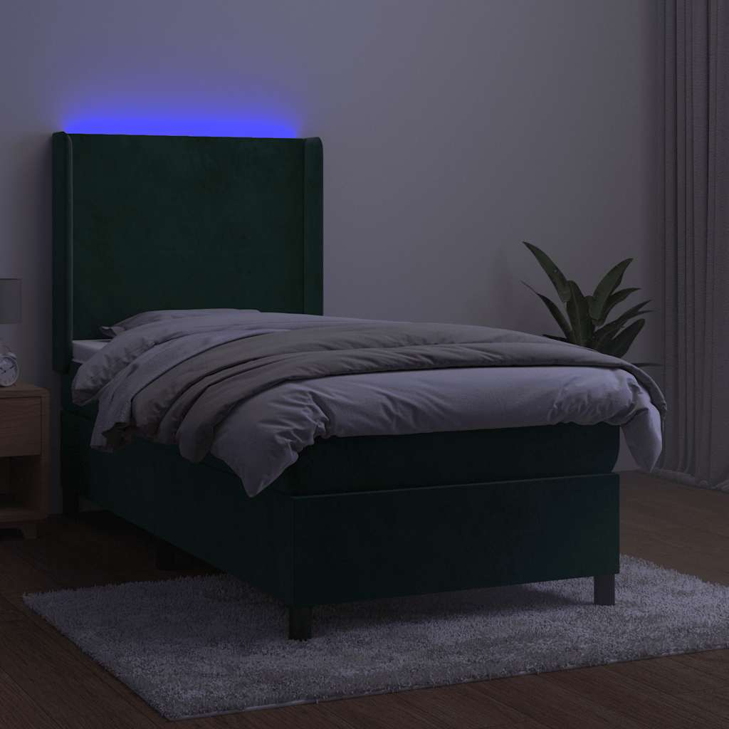sötétzöld bársony rugós és LED-es ágy matraccal 80 x 200 cm