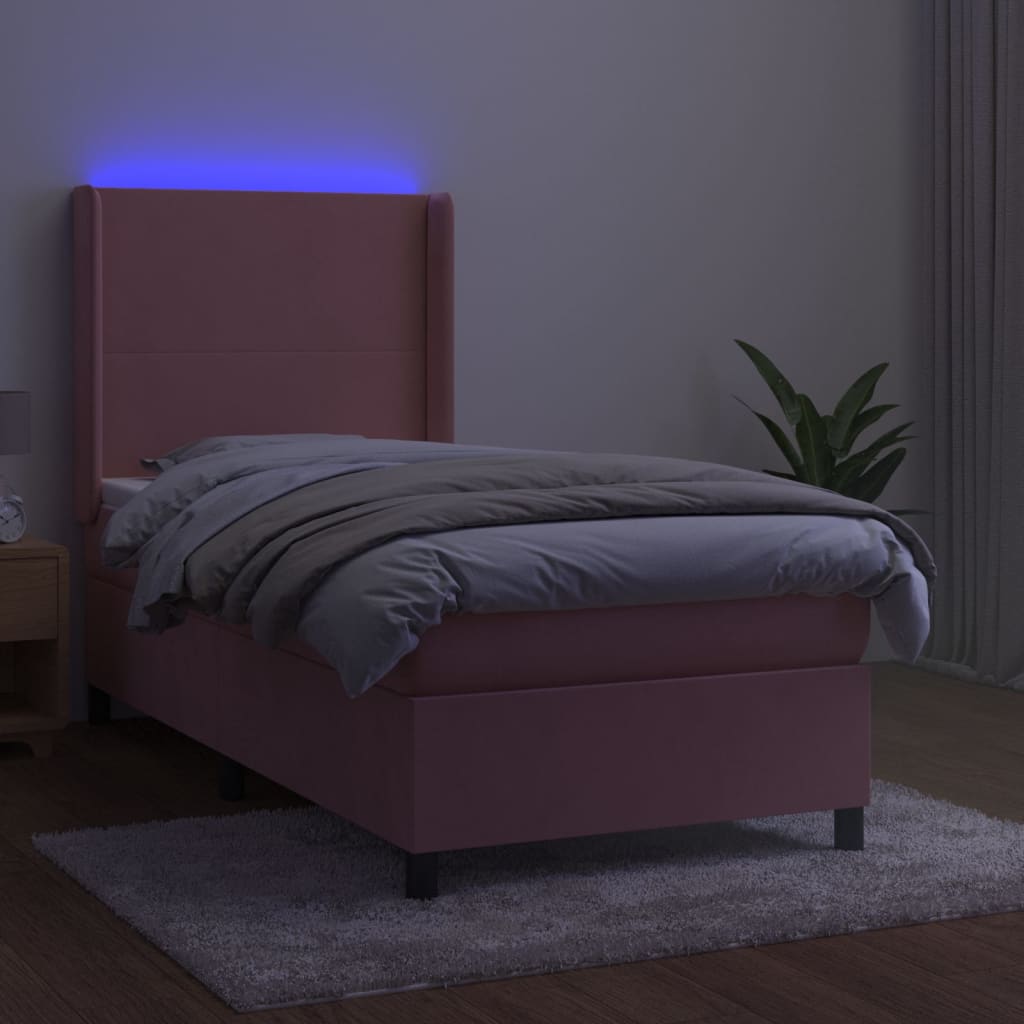 rózsaszín bársony rugós és LED-es ágy matraccal 80 x 200 cm