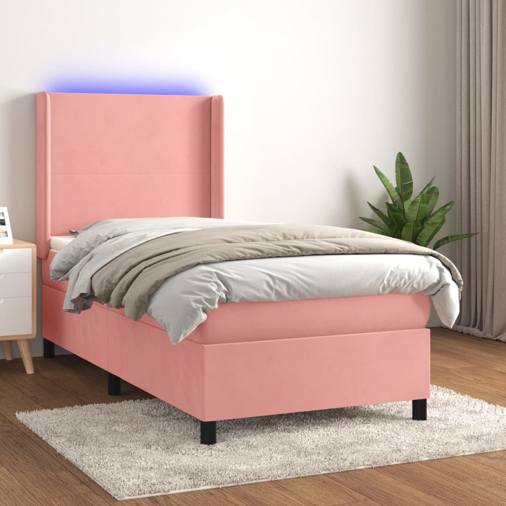rózsaszín bársony rugós és LED-es ágy matraccal 80 x 200 cm
